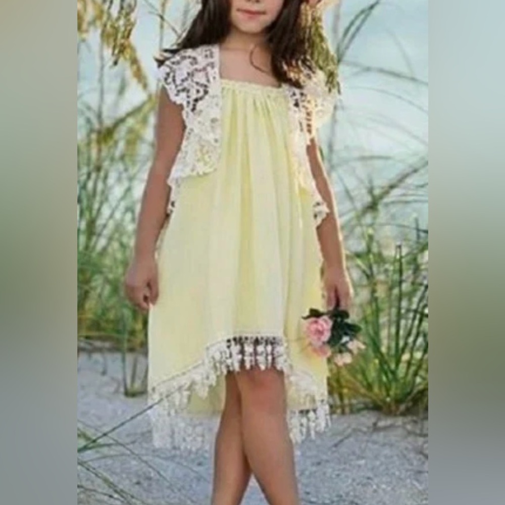 Dollcake "Buttercup" dress with a yellow body and white‎ lace trim